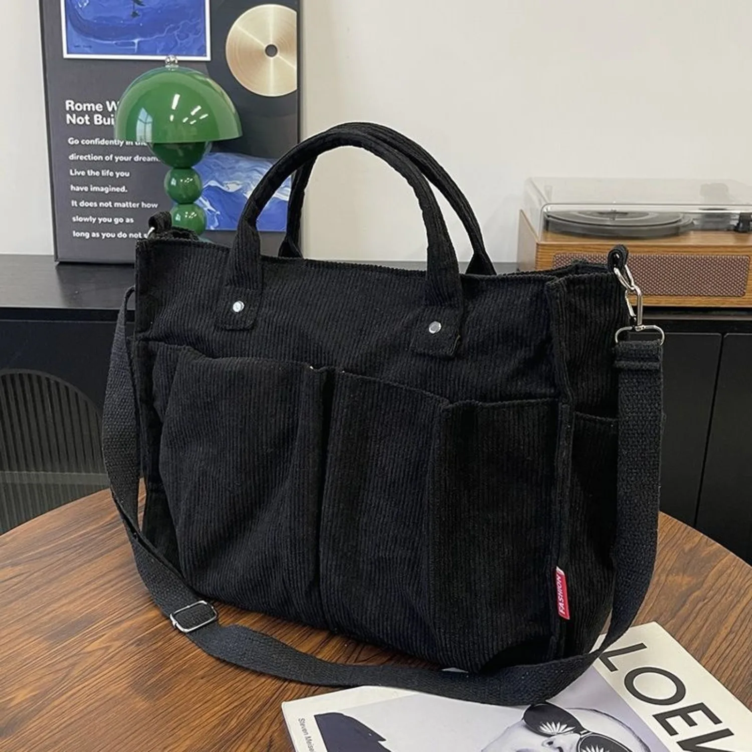Multi-Pockets Corduroy Crossbody Bags for Women, Thick Canvas Tote Handbags with Handles, Casual Daily Shoulder Bags for Ladies
