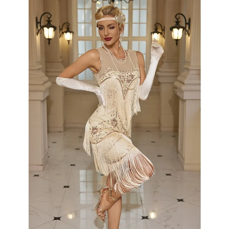 Sequin Beaded Embroidered Fringed Vest Dress 1920 Vintage Ball Dress Dance Dress Crew Neck