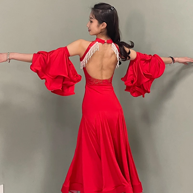 Vestido Rojo de baile de salón, ropa de baile latino, Vals, Tango, traje de baile de graduación, BL8317, 2022