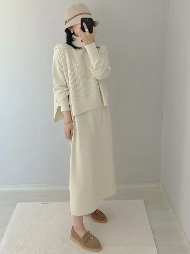 East Gate Ins Versatile Retro Twist Svel Knitted Sweater Vest Long Knitted Dr Two-Piece Set Loose Fit Spring Autumn ...