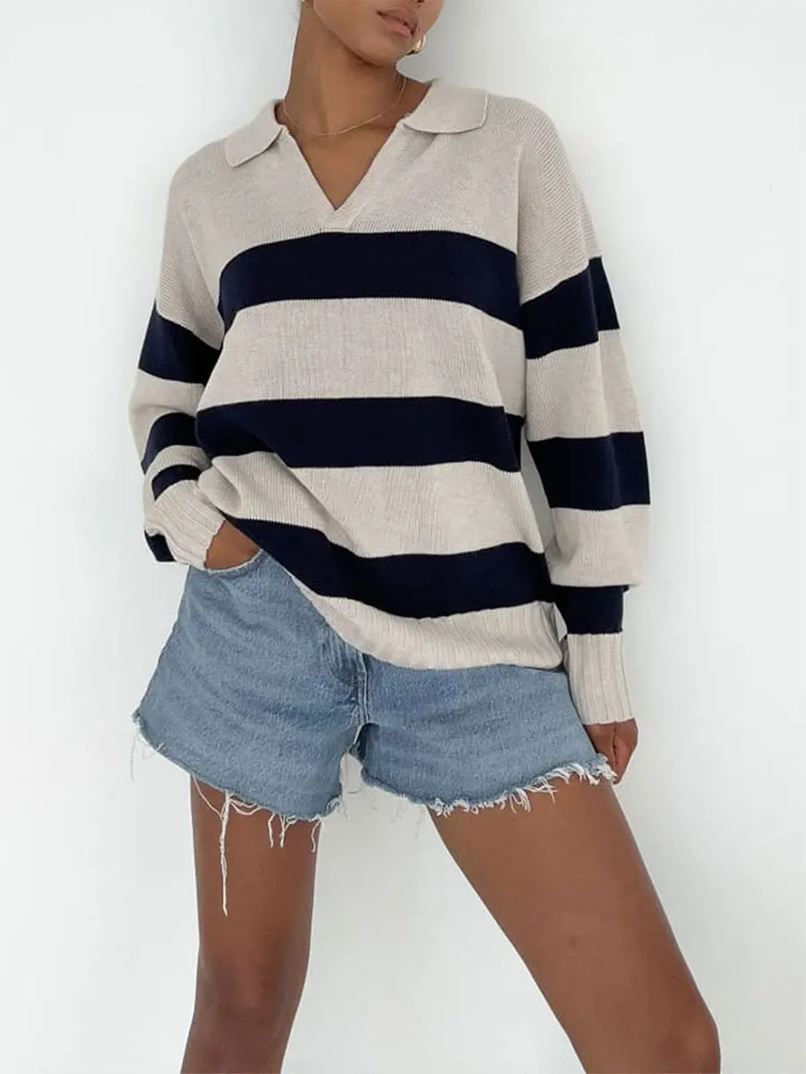 Women\'s Autumn Winter Casual Knit Sweater Long Sleeve Lapel Solid Color/Striped Pullover Knitwear