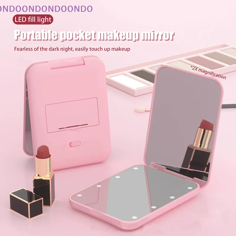 

Mini Compact Led Makeup Mirror With Light 2X Magnifying Small Pocket Portable Travel Pink Black Foldable Cosmetic Vanity Mirrors