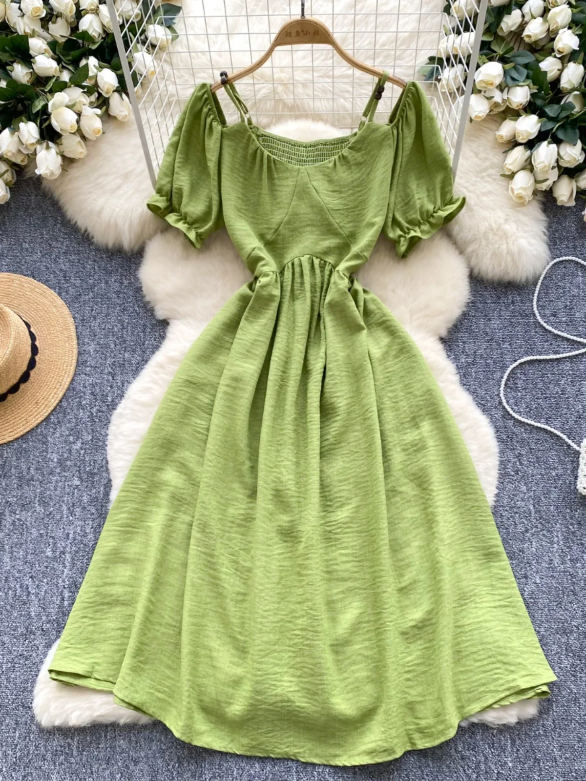 Ofallsis Sweet Hollow Neck Hanging Shoulder Puff Sleeve Dress 2024 New Waist Slimming Temperament French Fairy Long Dresses