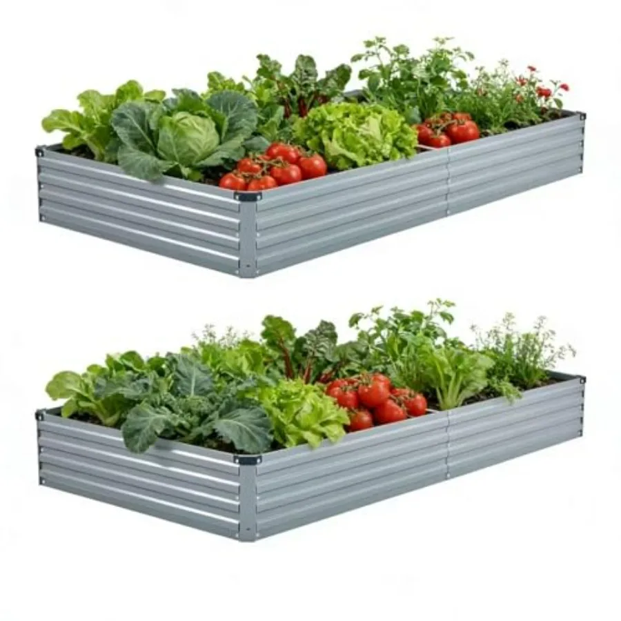 Outdoor galvanized steel raised garden bed for vegetables, flowers, herbs; gray finish; rust-resistant; 8x4x1 ft, 2 pcs
