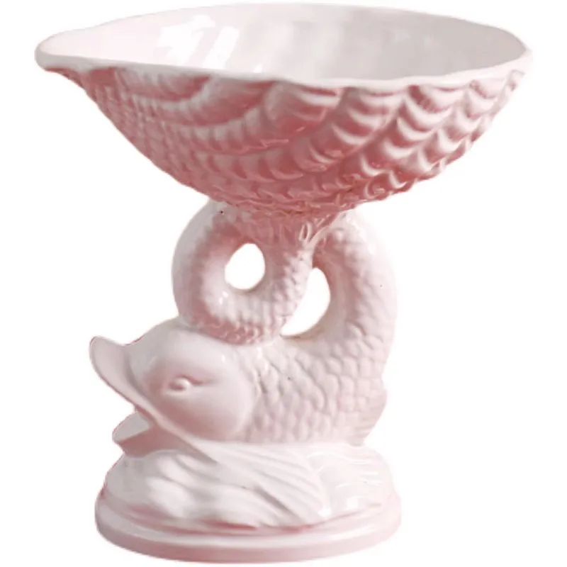 White ceramic relief three-dimensional carp jumping gantry creative fruit plate/high-footed tray ornament