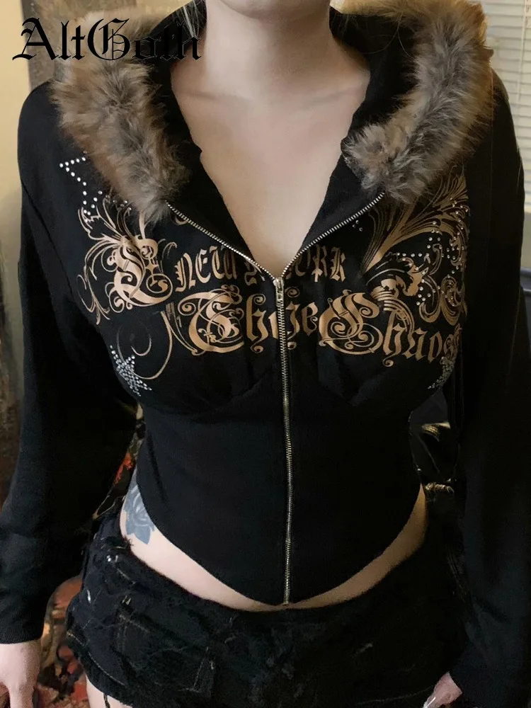 AltGoth Streetwear Y2k Vintage Sweatshirt Women Cyber Punk Print Fur Patchwork Hoodies Dark Academia Gothic Indie Clothes Female