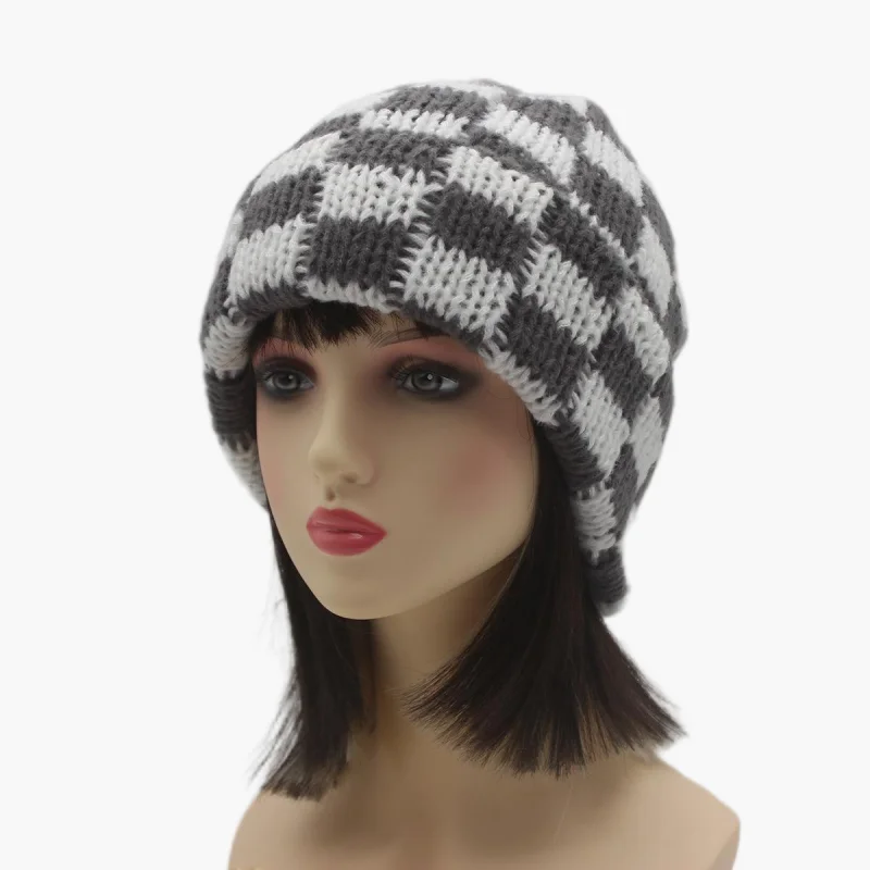 Schachbrett-Strickmütze, Herbst und Winter, koreanischer Stil, Nische, großer Kopfumfang, Wollmütze, japanischer Stil, Weihnachtsmütze – Detail 12
