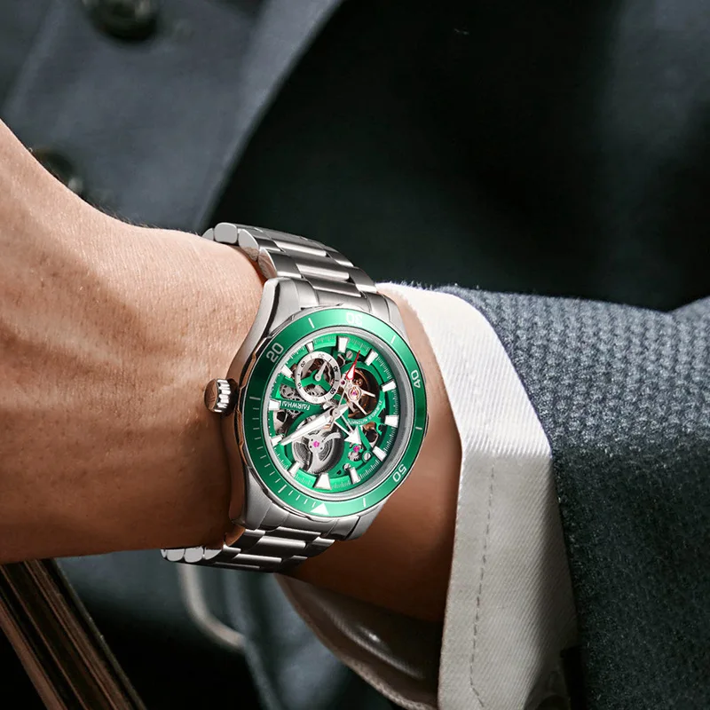 Mark Fairwhale Фирменные новые модные механические часы со скелетом для мужчин, светящиеся водонепроницаемые часы из нержавеющей стали с турбийоном, мужские часы