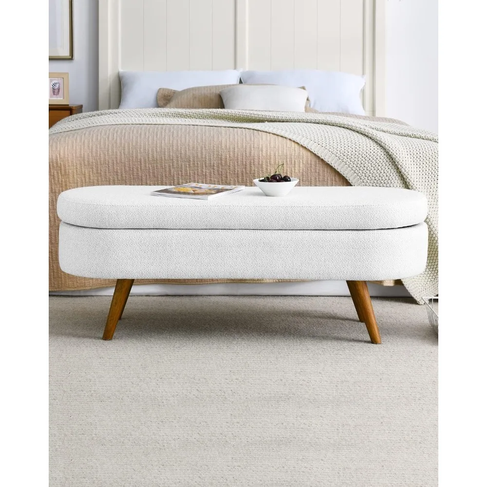 مقعد تخزين من قماش الكتان الأبيض مقاس 43.5 بوصة مع أرجل خشبية صلبة لغرفة المعيشة وغرفة النوم ومدخل العثماني