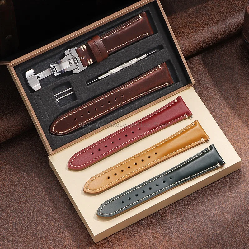 

Деловой ремешок для часов из натуральной кожи с деревянной коробкой 20 мм, 22 мм, 24 мм, браслет с застежкой-бабочкой, универсальный мужской и женский ремень на запястье