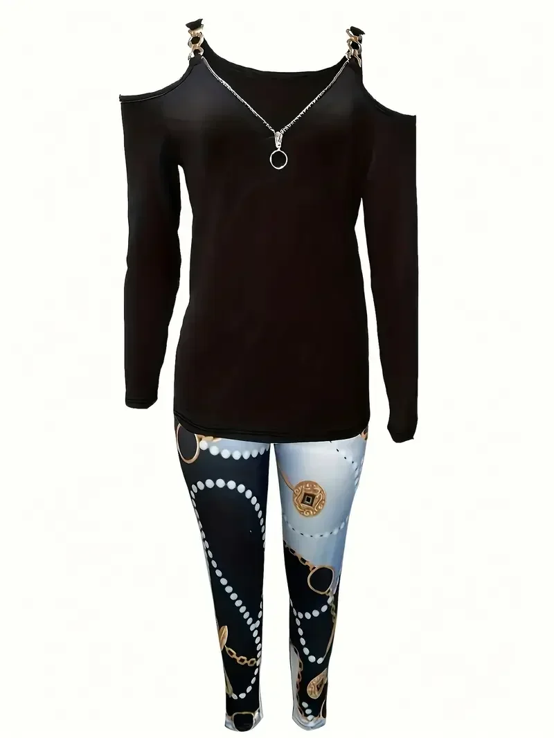 Plus size 1xl-5xl feminino fora do ombro zip-up manga longa camiseta & impresso calças apertadas senhoras casual camiseta & calças outfit