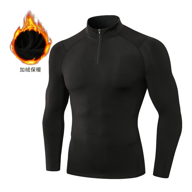 Men autumn and winter plus fleece fitness coat high elastic tight sports running training long sleeve warm standing collar hoodi