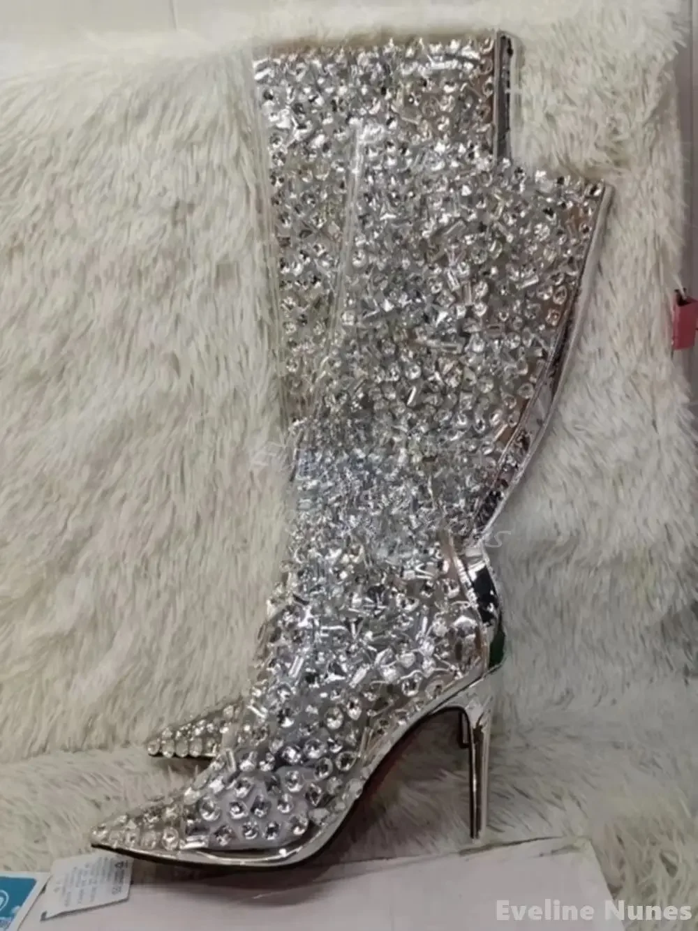 Luxury Rhinestones Transparent Knee-high Heels Women Pointed Toe Stiletto Heel Slip On Boots 2025 New Fashion Design Sandals