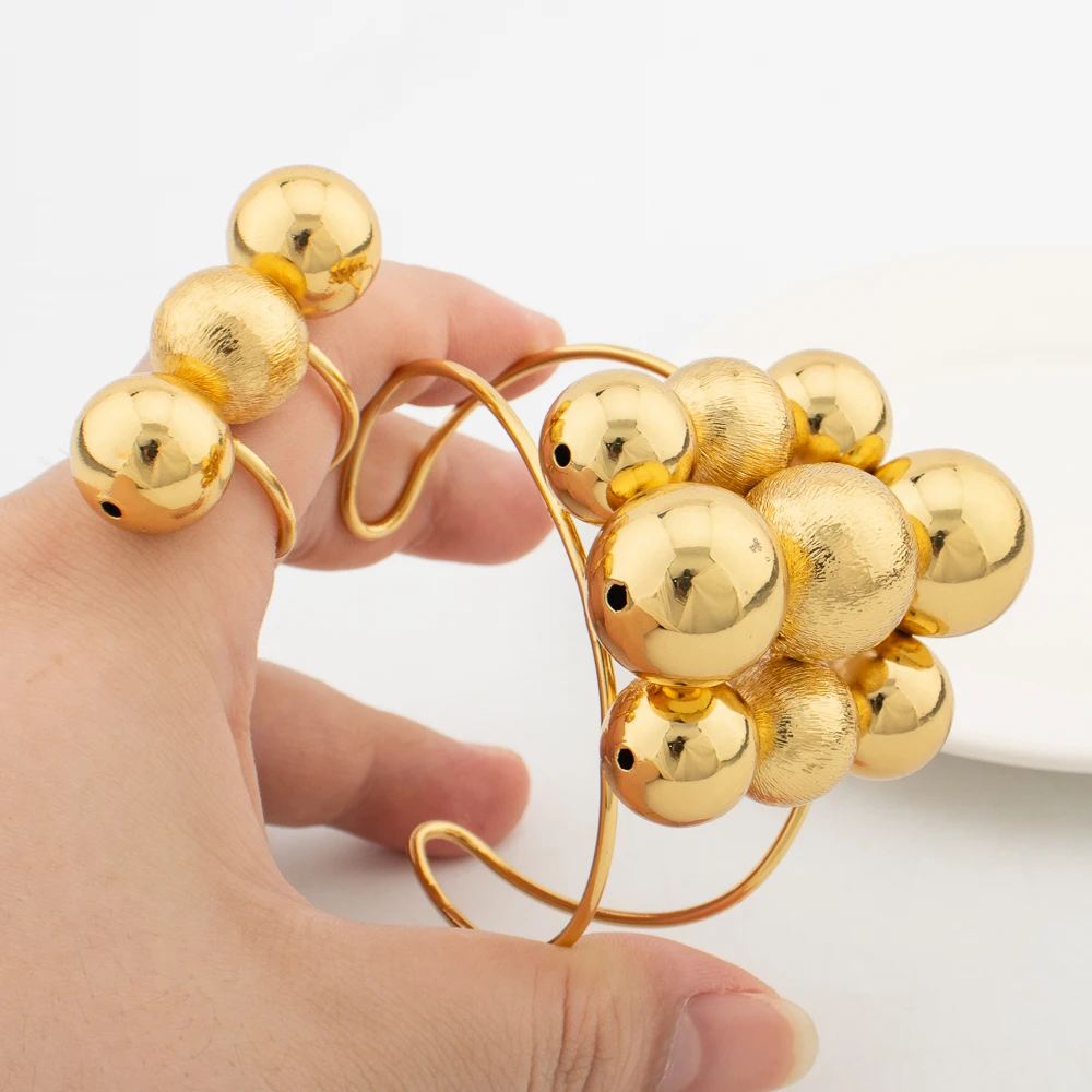 Round Beads Jewelry Sets for Women Gold Color Copper Necklace Vintage Earrings Charm Cuff Bangles Adjustable Ring Birthday Gifts