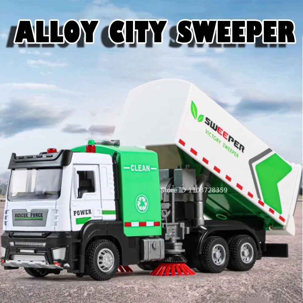 

1:32 Alloy City Sweeper Model Toy Car Metal Diecast Sanitation Garbage Trucks Sound Light Pull Back Engineering Vehicle Kid Gift