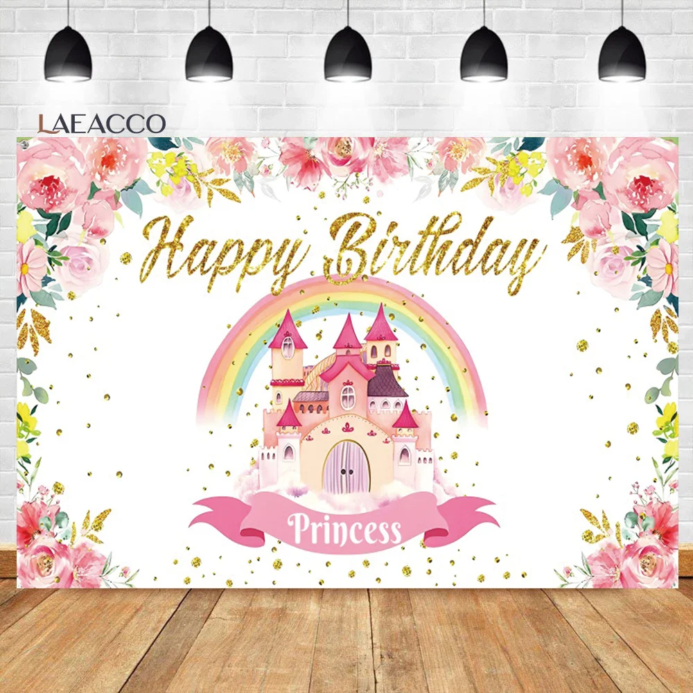 

Laeacco Cartoon Pink Princess Castle Backdrop Fairytale Scenic Flowers Girls Birthday Customized Portrait Photography BacKground