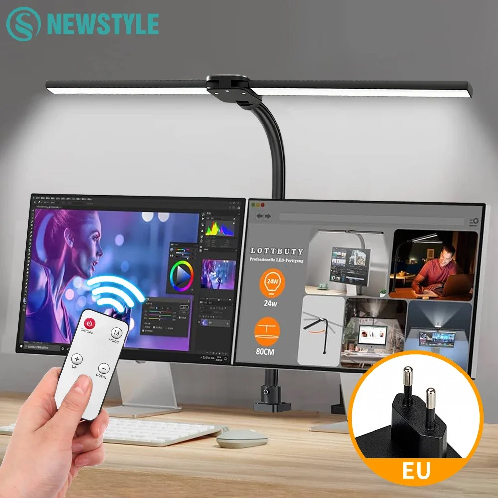 

EU Plug LED Eye-Caring 2-Head Desk Lamp with Remote Control 24W 280LEDs 2700-6500K Ultra Bright Study Reading Desk Lamp for Home