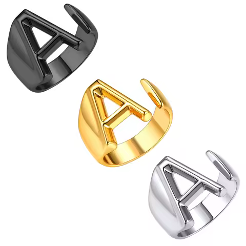 U7 Initial Letters A-Z Rings Cuff for Woman 16mm Big Open Ring Cuffs Adjustable Size 6-12 Black Silver Color Gold Color Jewelry