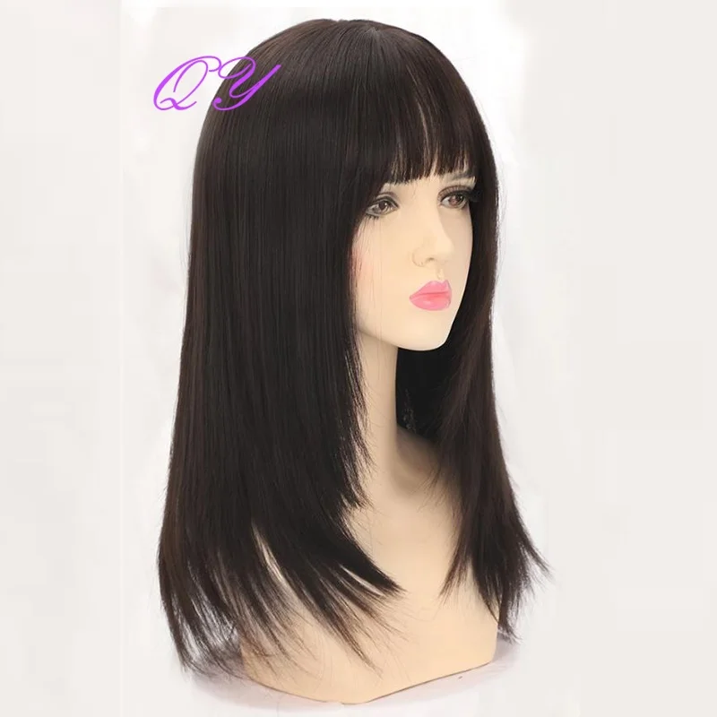 Synthetic  Medium Black Brown Natural Looking Long Straight Wig with Bangs Heat Resistant Hair For Women Daily Party Cospl