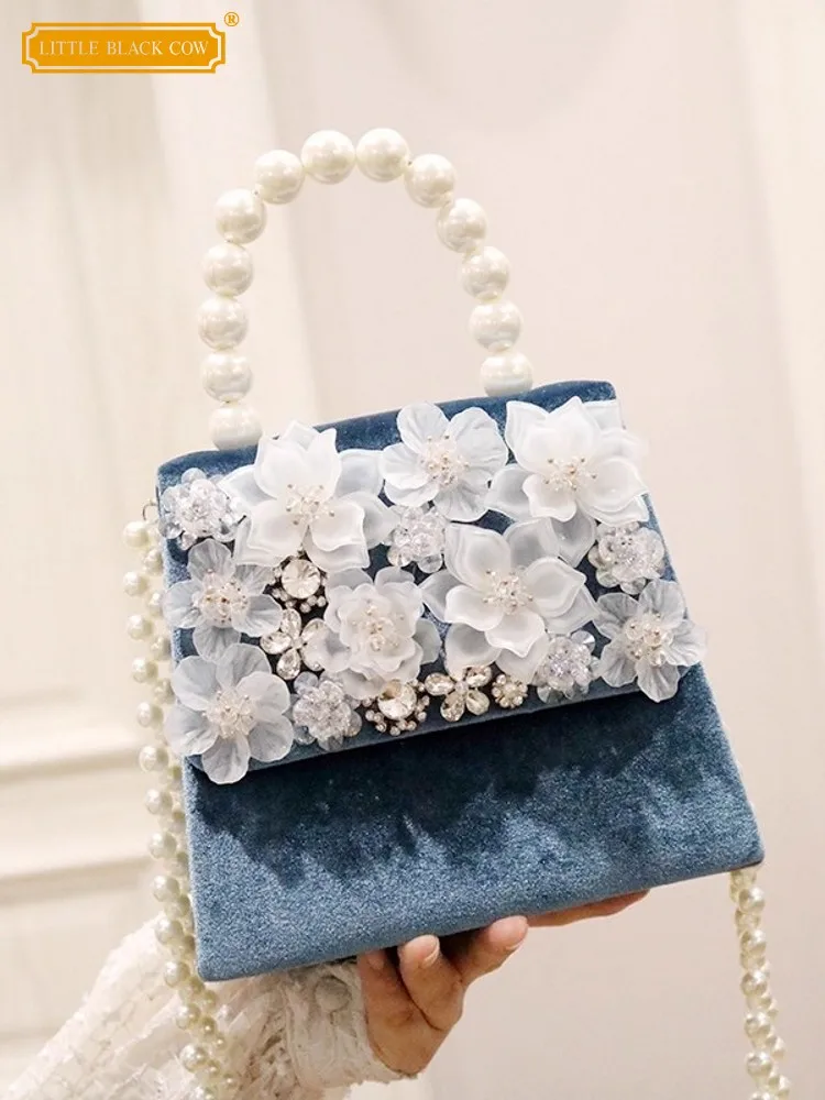 

Милые женские вечерние модные жемчужные маленькие сумки с цветочными бриллиантами, элегантные сумки на одно плечо, женские сумки с клапаном