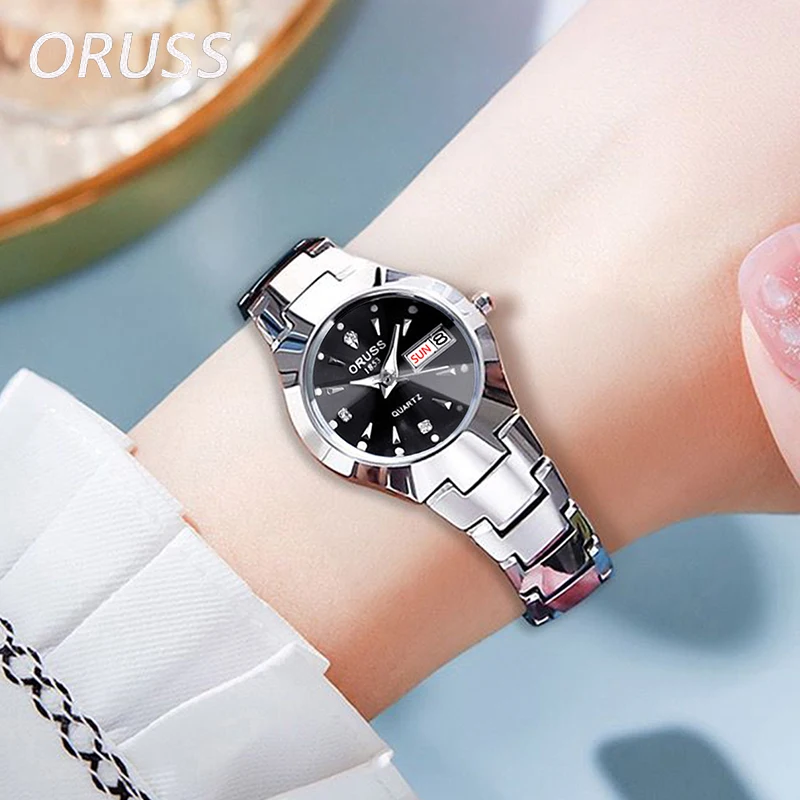 ORUSS Lovers Business Women Couple Fashion Watch Luxury Wristwatch Stainless Steel Waterproof Date Week Display Women Wristwatch