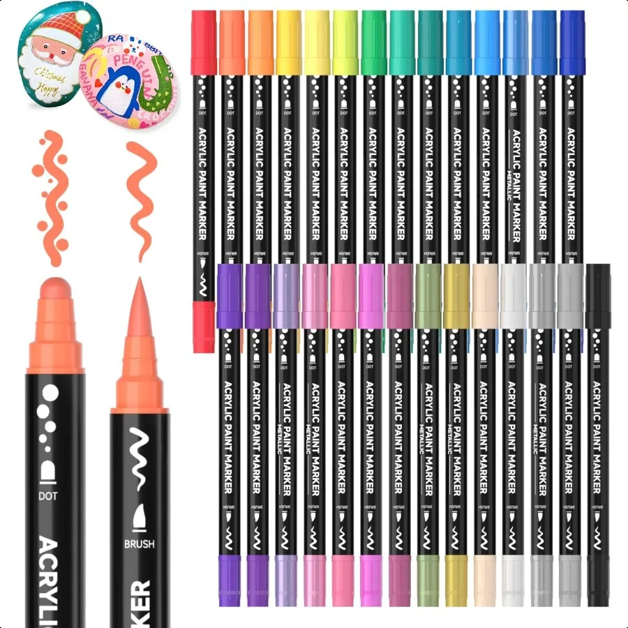 

Shuttle Art 28 Colors Dual Tip Acrylic Paint Markers Brush Tip and Dot Tip Acrylic Paint Pens for Rock Painting Ceramic Wood Ca
