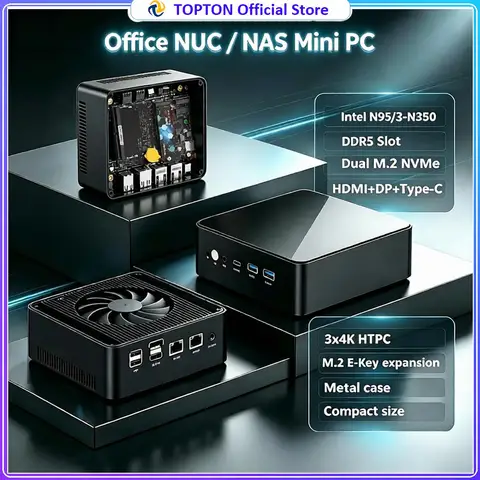 Topton Metal NAS Mini PC Office NUC Intel 3 N350 N95 Firewall PC 2x2.5G LAN 2xNVMe DDR5 HDMI+DP+Type-C 3x4K Computer Home Server