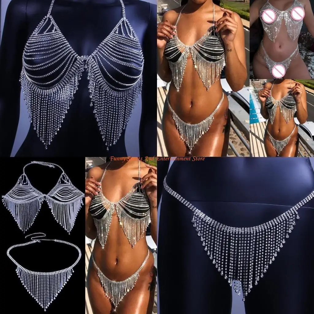 C4DE Women Sexy Glitter for Rhinestone Body Chain Set Shiny Faux Crystal Tassels Bra Panties Underwear Jewelry Lingeri