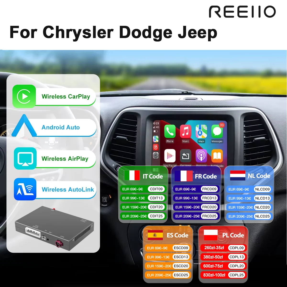 Pour Dodge Challenger Chrysler 300C Jeep 2014-2019 sans fil CarPlay Android Auto OEM Interface de voiture mise à niveau décodeur boîte MuItimedia