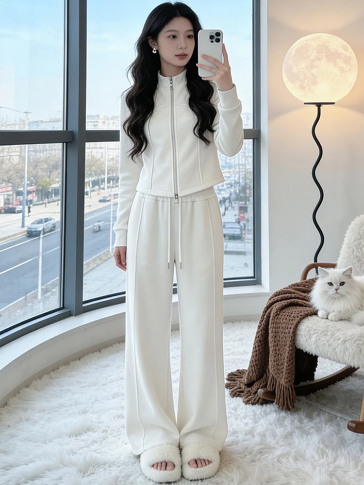 

Clean High-End Casual Sportswear Set Women's Slimming Waist Wide Leg Pants Cardigan Top Two-Piece Set Spring Comfortable