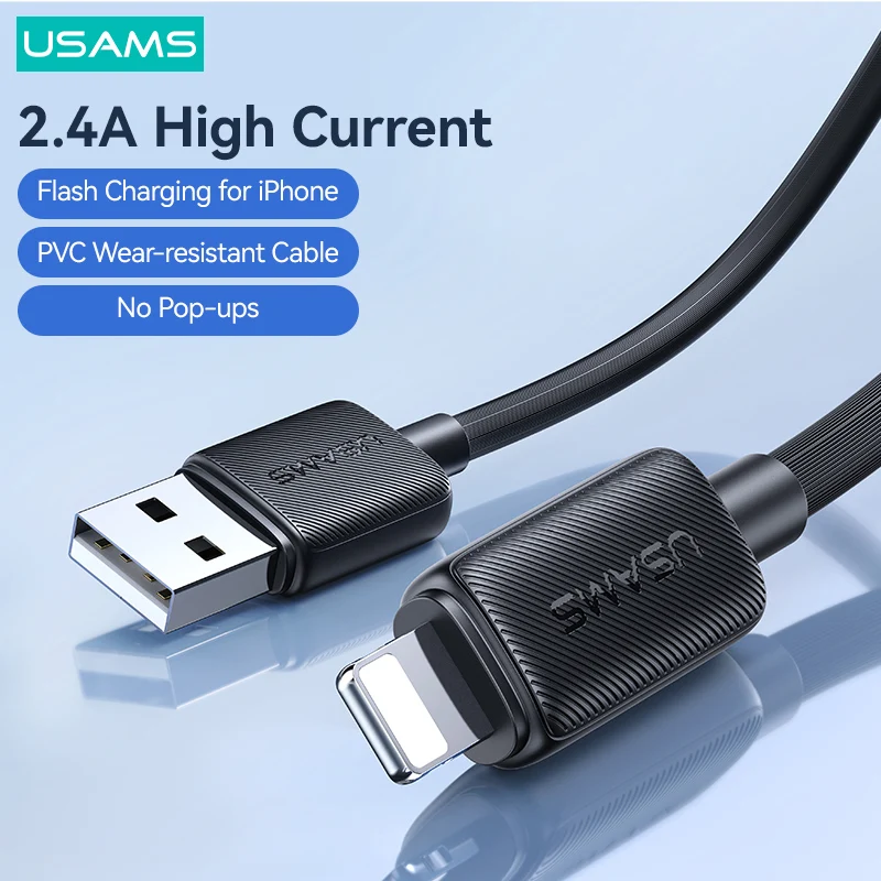 USAMS 2.4A Fast Charging Cable for for iPhone 14~5 Series PVC Stripe Design 1m Length 2 in1 Charging Data Transfer Cable