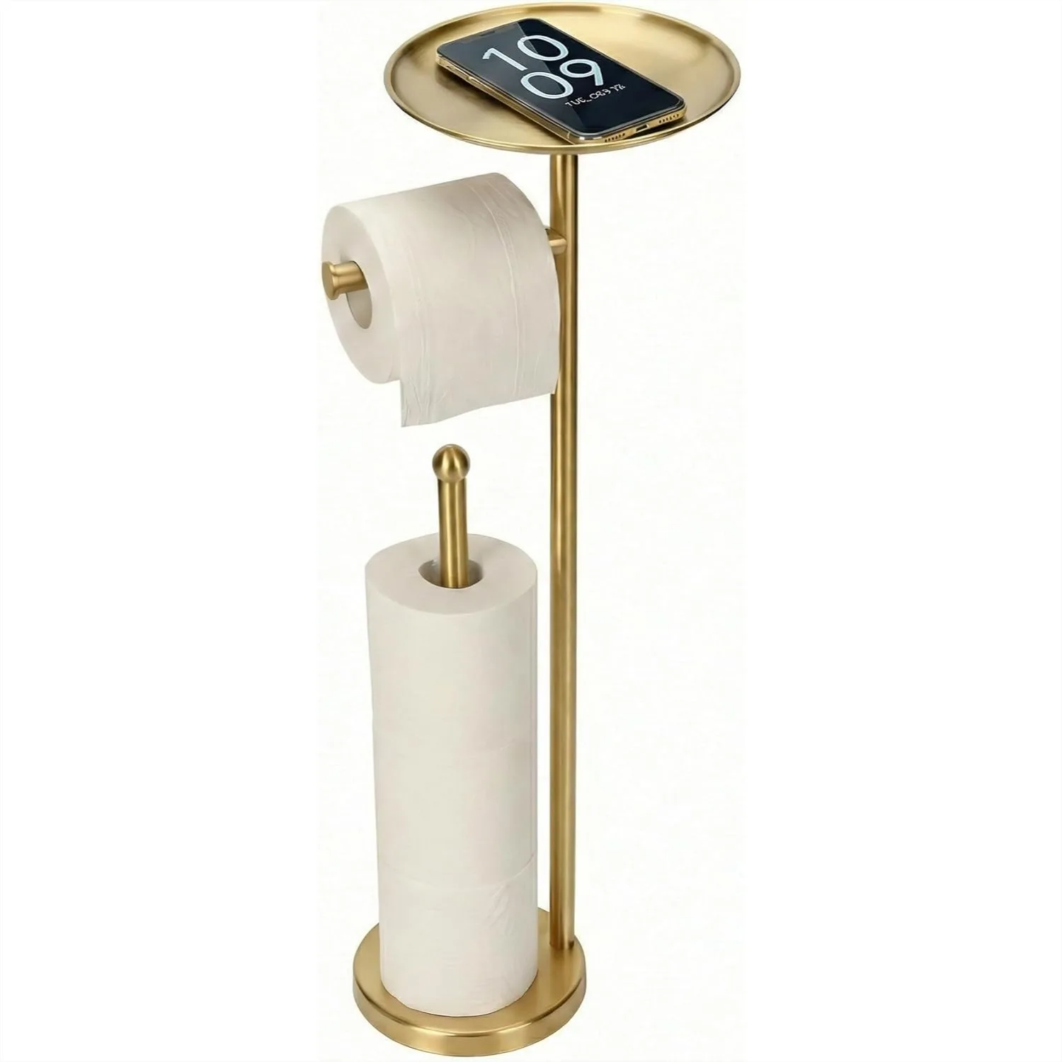 

Toilet Paper Holder Freestanding with Big Shelf, 4 Rolls Reserve Stand, Modern Paper Roll Holder with Storage for Phone, Gold