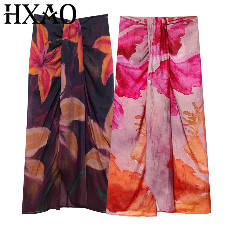 HXAO Lange Röcke mit Blumenmuster für Damen, Sommerdruck, schwarzer Midirock, Boho-Falten, geknoteter Strandrock, eleganter Split-Wickel-Bleistiftrock