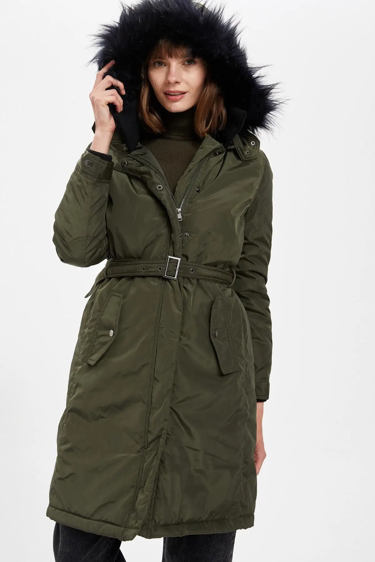 Vrouwen Faux Bontkraag Belted Groene Parka Coat Casual Stijlvolle Mode Vrouwen Kleding Outdoor Winter Wear Vrouwelijke Groene parka