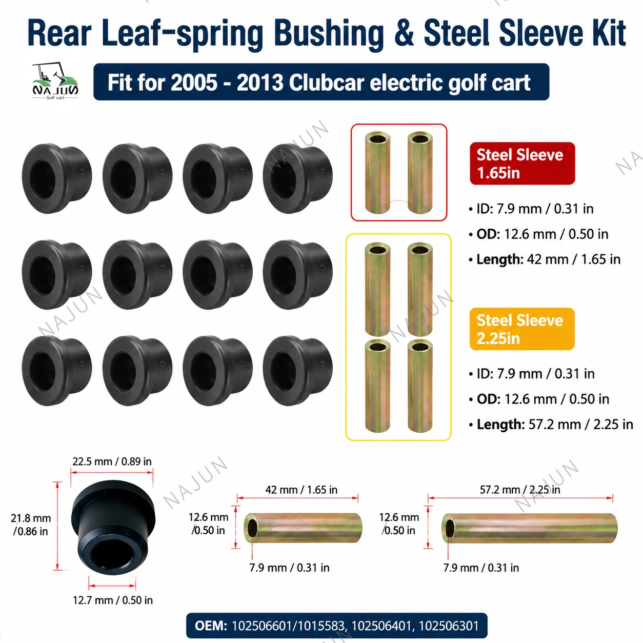 Club Car Precedent 2018 Rear Leaf-Spring Bushing Steel Sleeve Kit for Tempo Shuttle 2005-2013 OEM 102506601 102506401