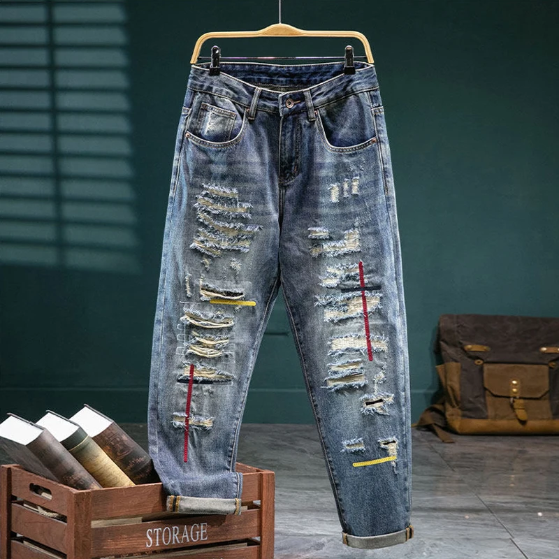 

Street Designer Fashion Men Jeans Retro Blue Loose Fit Ripped Jeans Men Embroidery Patched Hip Hop Vintage Straight Denim Pants