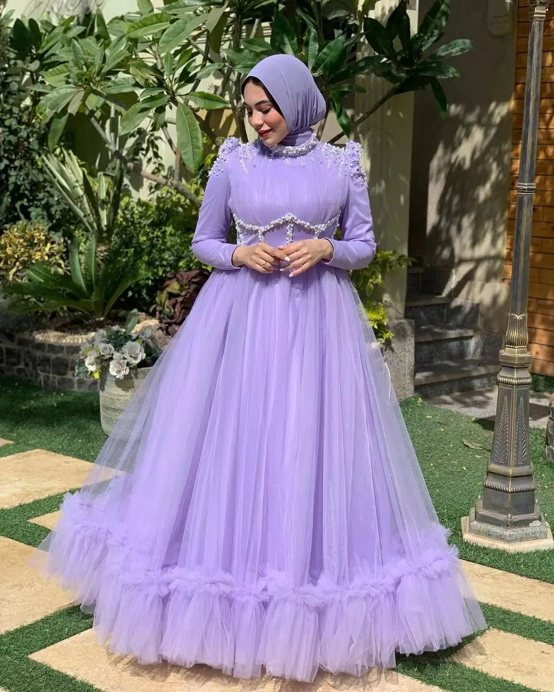 

Lavender Tulle Prom Dresses 2023 Pearls Beads A-Line Long Sleeves Saudi Arabia Formal Party Evening Dresses فساتين مناسبة رسمية