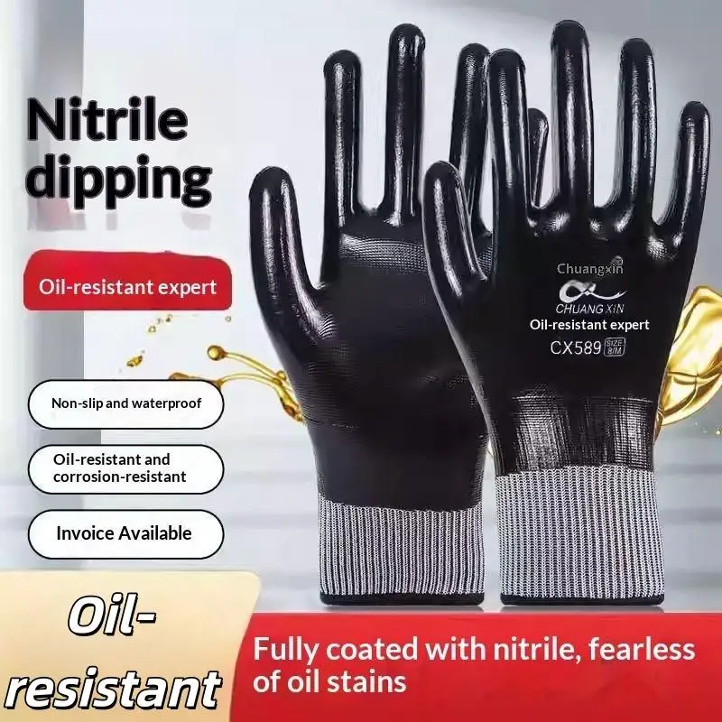 Waterproof Nitrile Coated Work Gloves Oil Resistant Anti Slip 10 Pairs Heavy Duty Protective Gloves for Gardening Household Cho