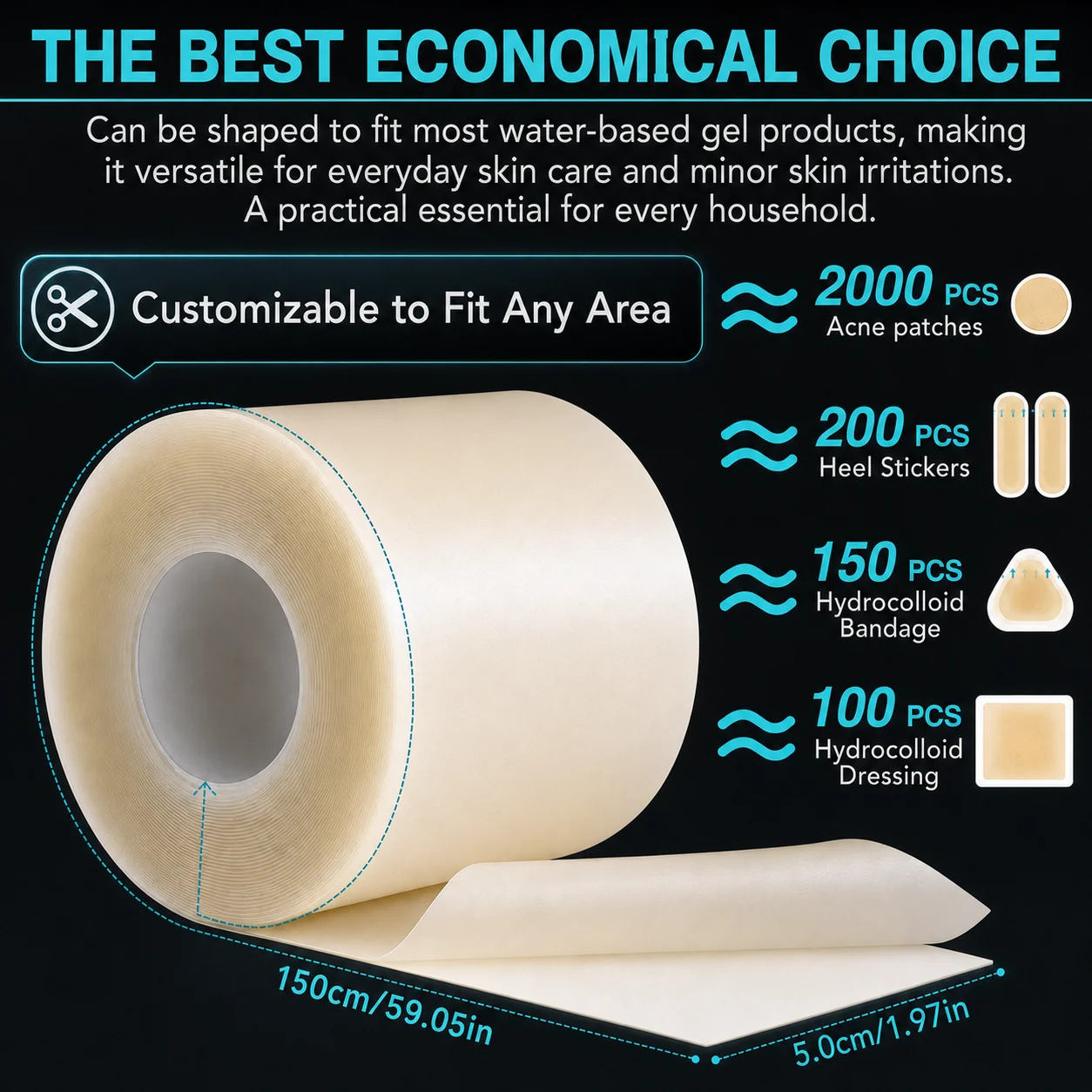 1 Roll of Hydrocolloid Wound Care Roll, Self-Adhesive Waterproof Absorbent Bandage for First Aid Use.