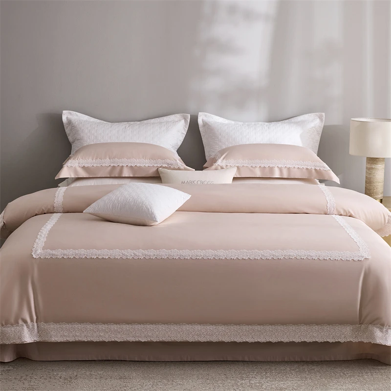 1000TC Egyptian Cotton Luxury Bedding Set, Romantic Flowers Lace Edge Duvet Cover, Bed Sheet/Fitted Sheet, Pillowcases, 4Pcs