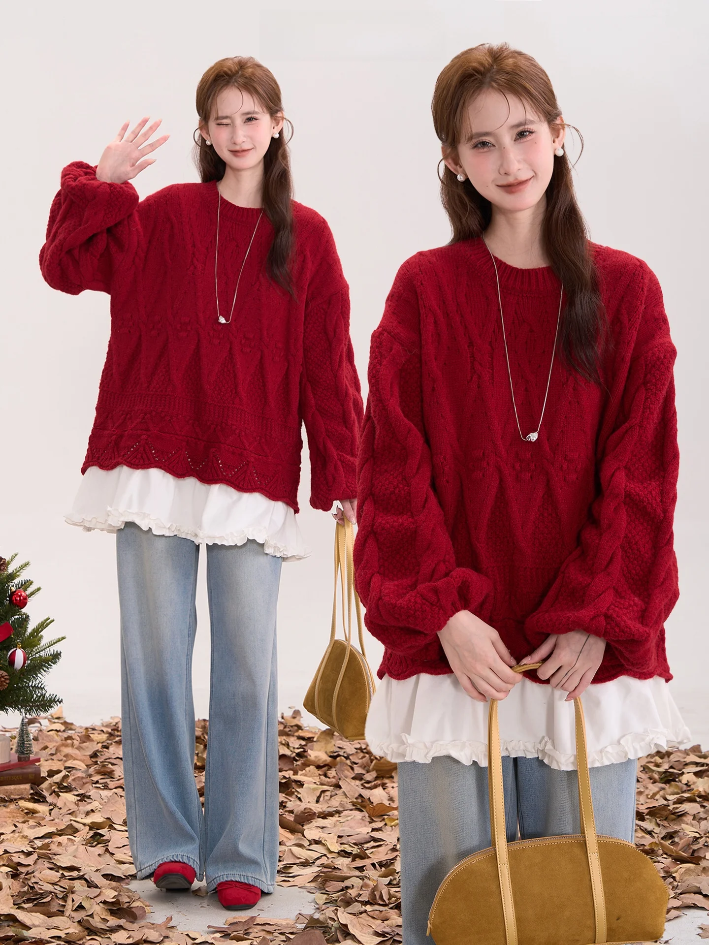 

Свитер женский вязаный с узором «косичка», свободного кроя, с цветочным принтом, для зимы