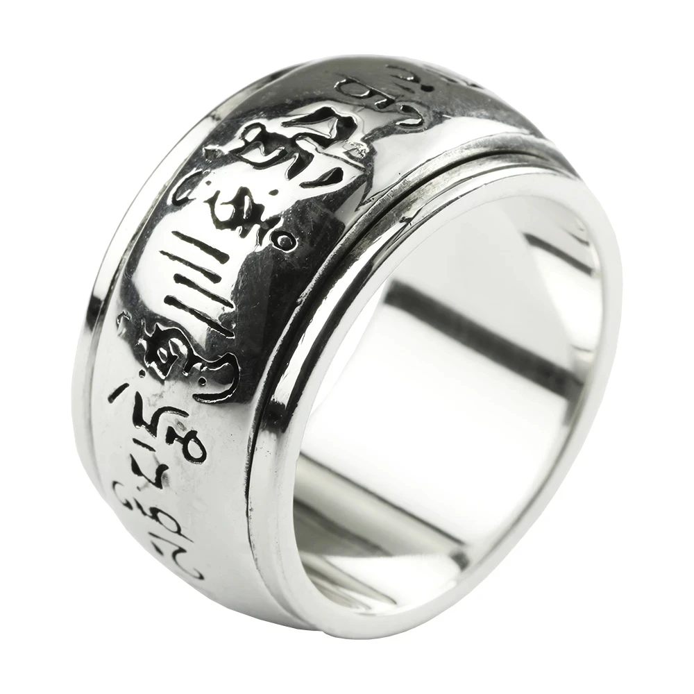 Real 990 Sterling Silver Mantra Rings Rotatable Shifting Lucky Tibetan Six Words Om Mani Padme Hum Buddha Ring For Men And Women