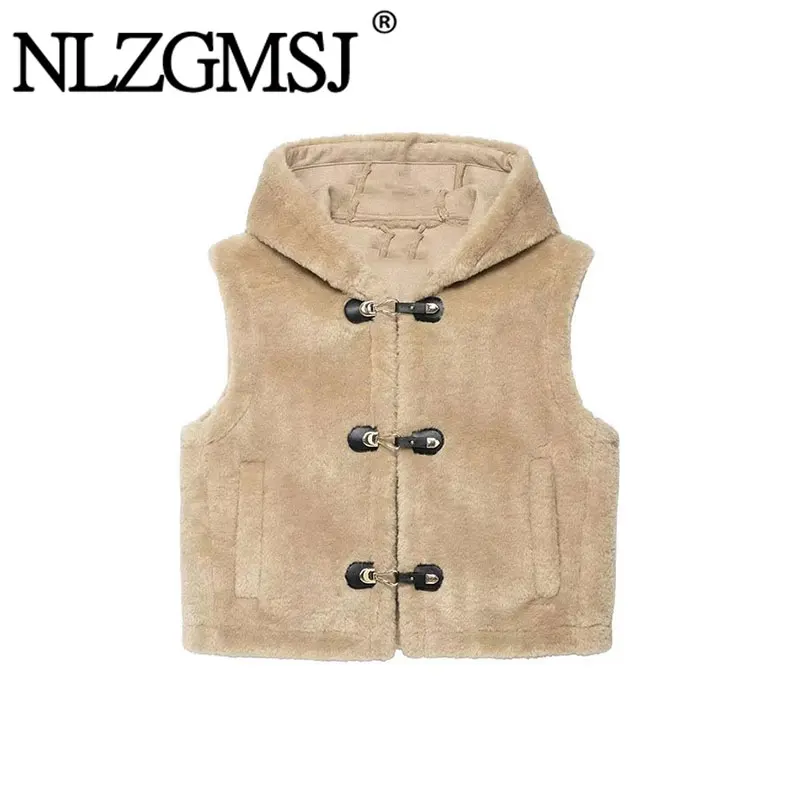 NLZGMSJ 2025 Women's Vest Fashion Rope Knot Buckle Vests Coats Women Casual Loose High Street Hooded Waistcoat Outerwear ﻿