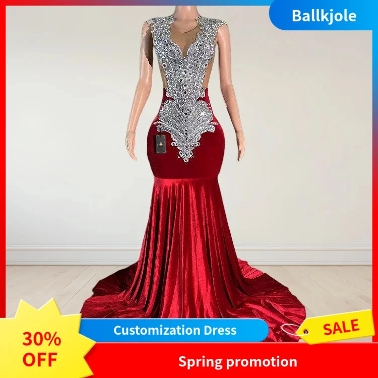 Ballkjole Red Mermaid Prom 2025 Custom Silver Beaded Evening Gown For Birthday Parties Rhinestone Wedding Party Dress
