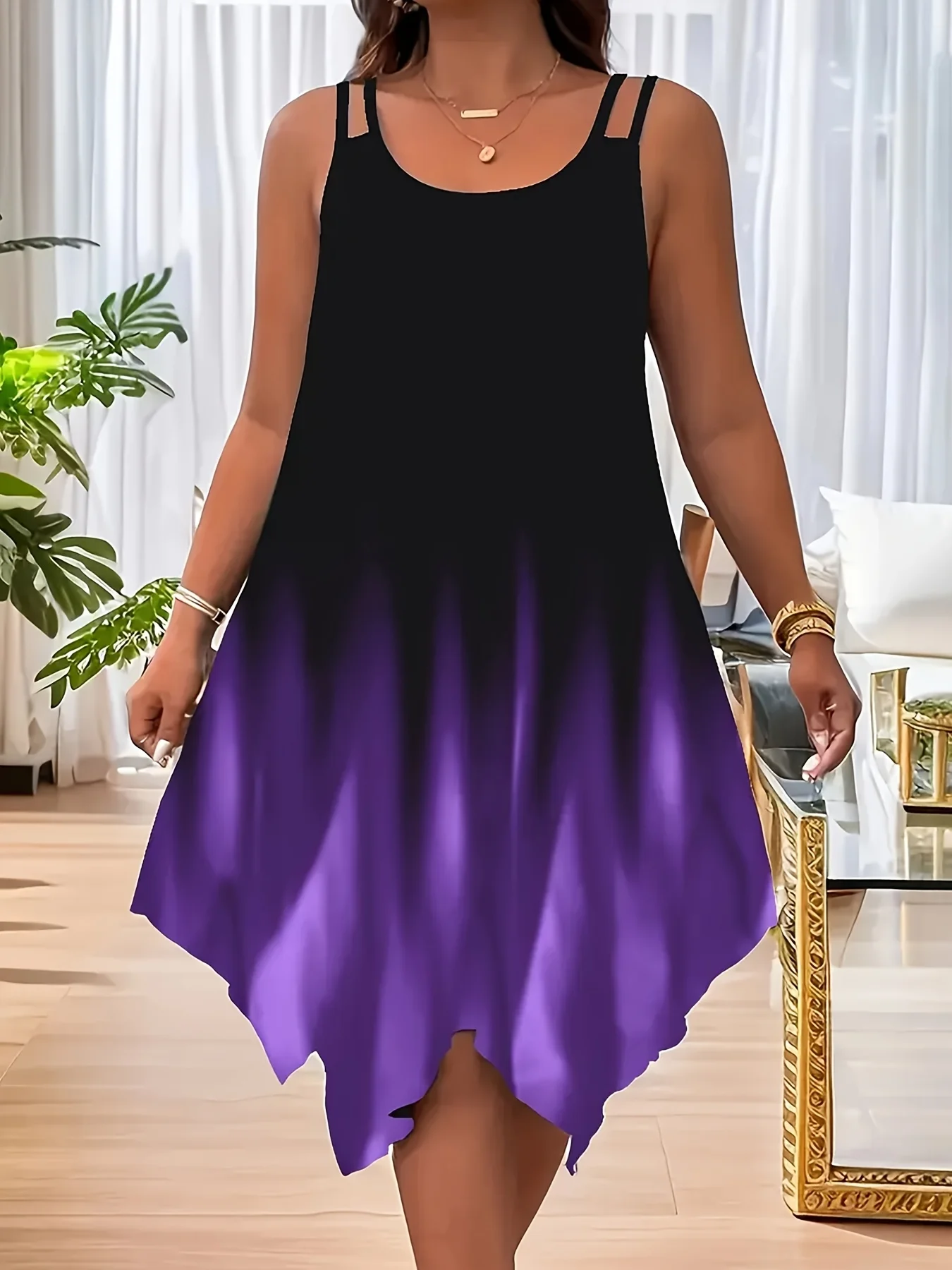 

Plus-Size Gradient Print Spaghetti Strap Dress, Vacation Style with Asymmetrical Hem, Sleeveless Round Neck Double Shoulder Strap Dress for Spring and Summer, Fashionable Plus-Size Women's Clothing