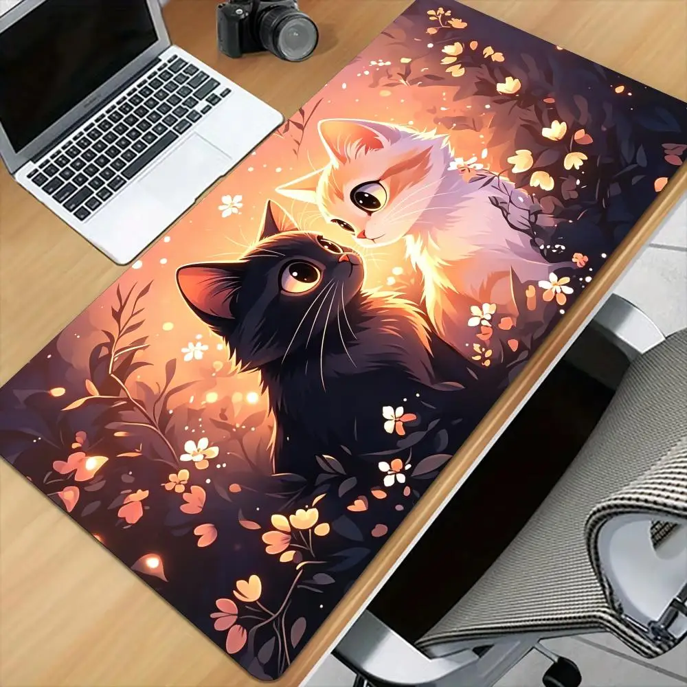 Cute black cat and white cat Mouse Pad Desk Mat with Stitched Edge XXL Mousepads Rubber Anti-slip Gamer Keyboard Rug Gaming Mats