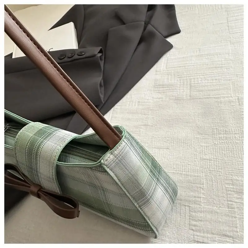 Plaid Shoulder Bag Underarm Green Checkered Bowknot Vintage Y2k Women Fashion Purse Streetwear Daily Shopping Travel