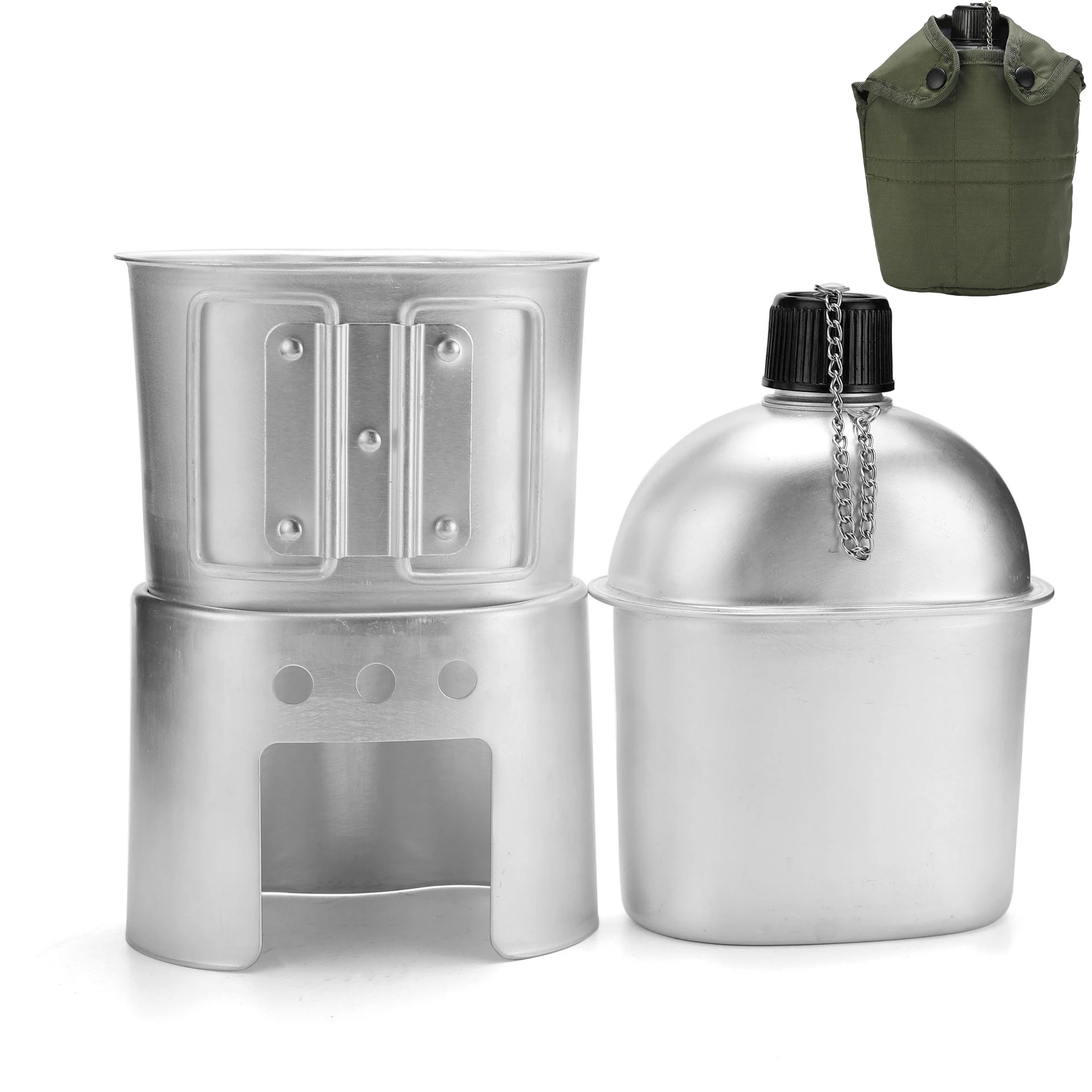 4PCS/Set Military Canteen Cookware Set Aluminum Alloy Canteen Multi-Functional Water Bottle with Grab Handled Cup Green Canvas