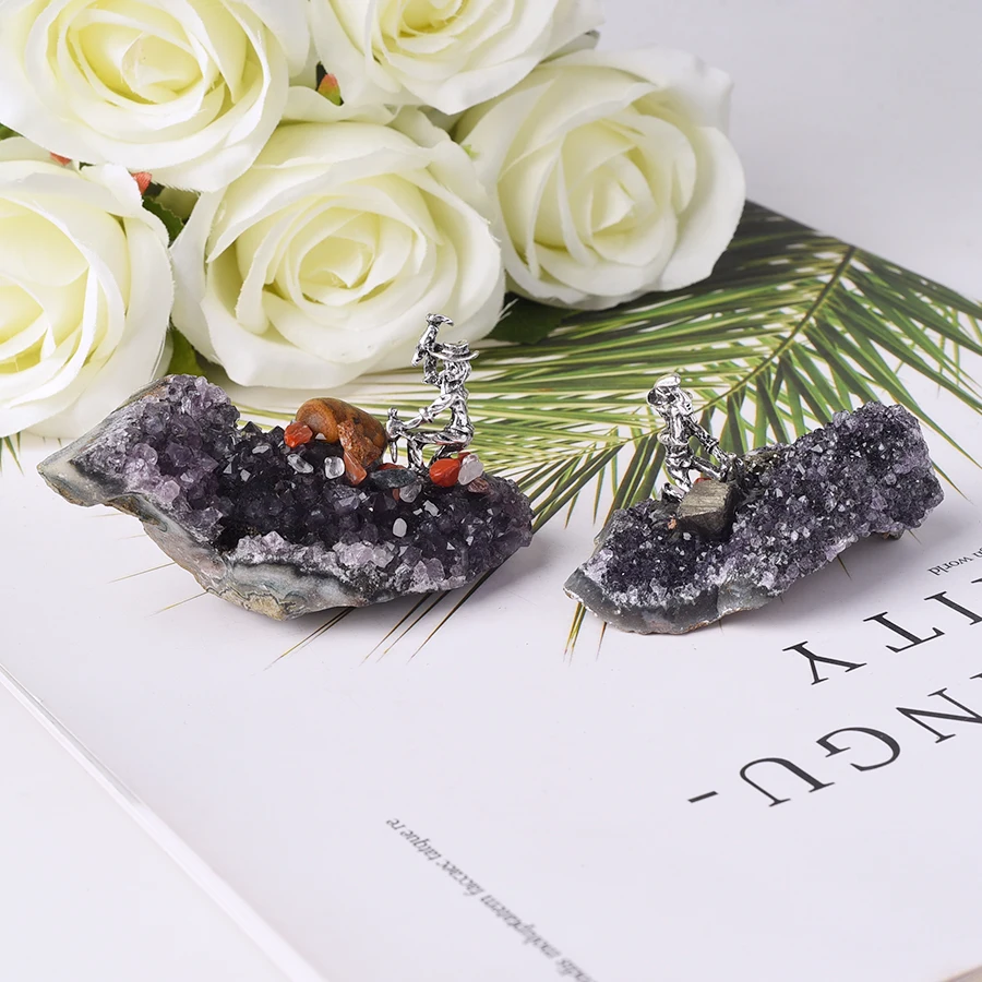 

Natural Amethyst Cluster Miner Mining Mineral Scene Modeling Fun Teaching Gift for Childern Creative Crafts Desk Home Ornament