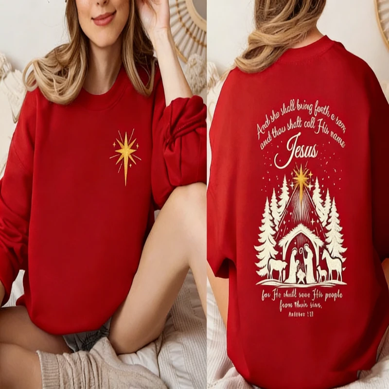 مشهد المهد امرأة مسيحية طويلة الأكمام البلوز قصة حقيقية المهد يسوع عاشق هدية الإيمان الديني مطابقة هوديس